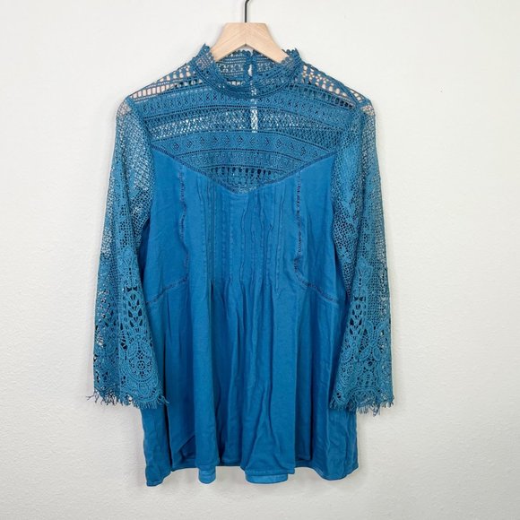 Ella Rae Blue Lace Long Sleeve Dress Tunic Size Large Style KD1279 boho - Picture 1 of 9
